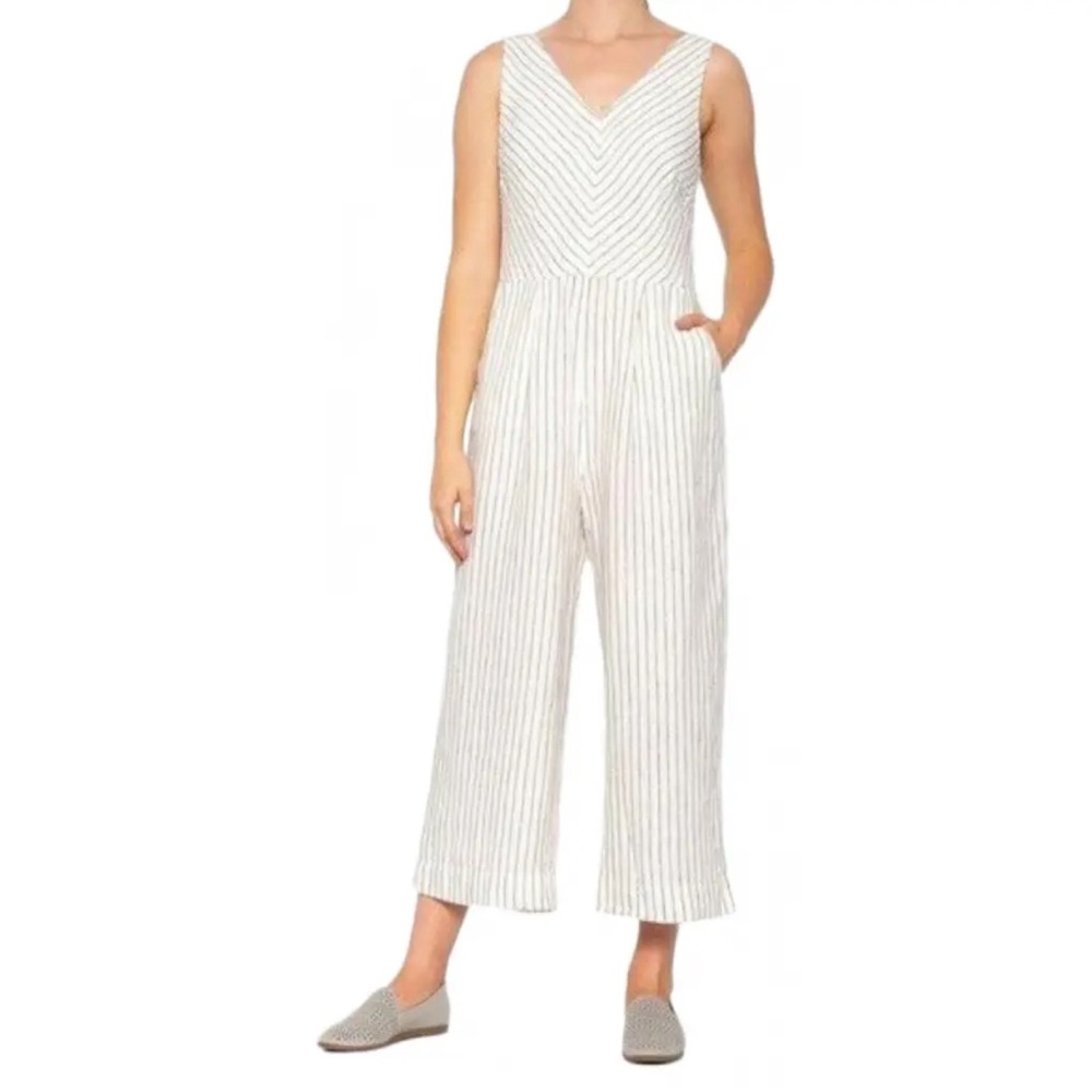 Rachel Zoe Jumpsuit Women 6 White Black Stripe Linen Wide Leg Nautical Resort